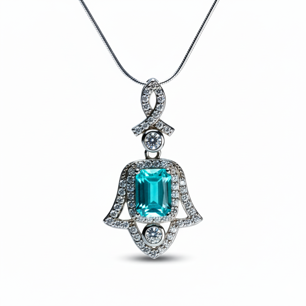 Amulet of Light Hand of Fatima pendant with rectangular green tourmaline in rhodium silver, front view