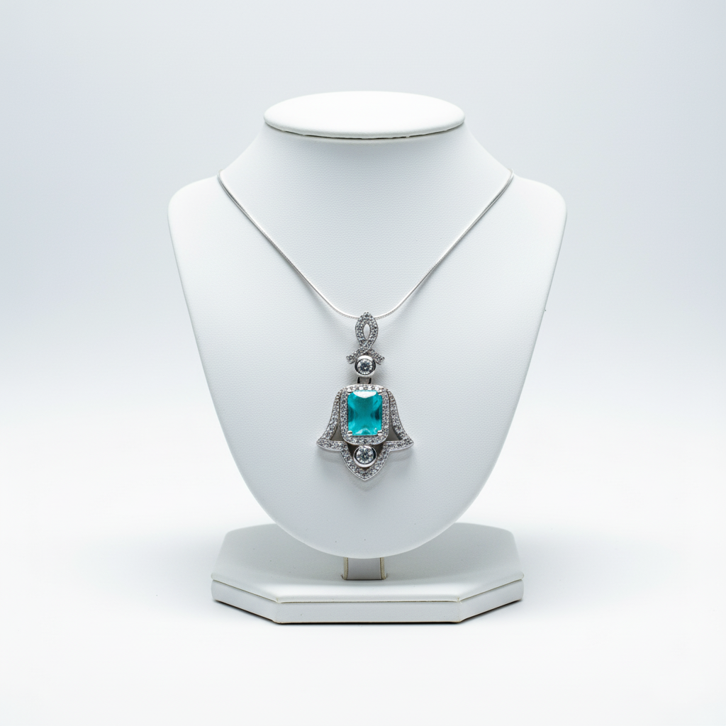 Side view Amulet of Light pendant highlighting protection symbol and elegant finish