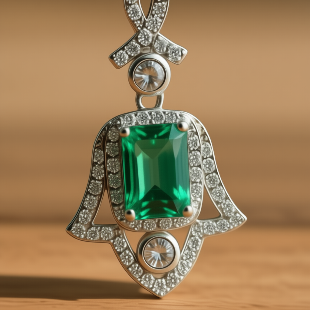 Detail macro Amulet of Light pendant highlighting Hand of Fatima engraving precision and tourmaline setting quality
