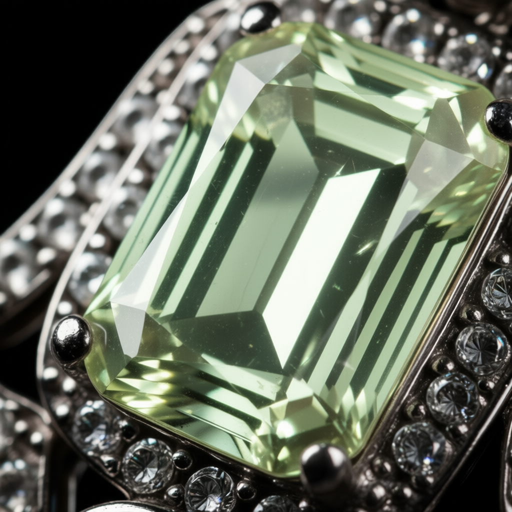 Close-up detail Amulet of Light pendant showing rectangular tourmaline clarity and rhodium silver finish craftsmanship