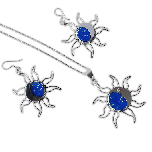 Blue Fire sterling silver and opal pendant and earrings set with sun design, front view