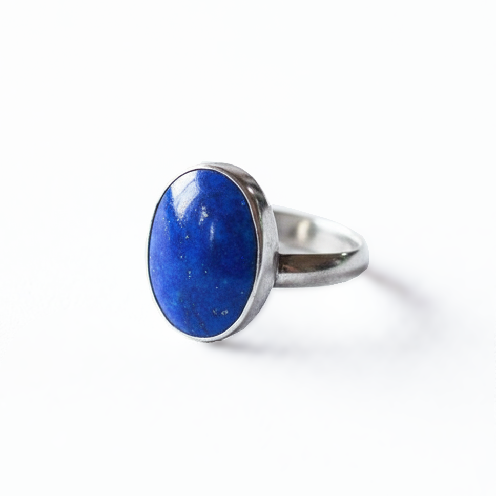 Blue Portal silver ring with natural oval lapis lazuli stone, front view