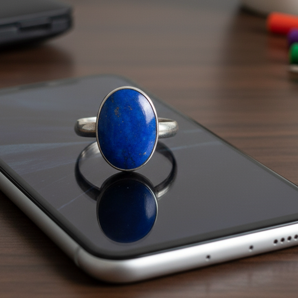 Close-up Blue Portal ring displaying natural lapis lazuli texture and ancient wisdom symbolism