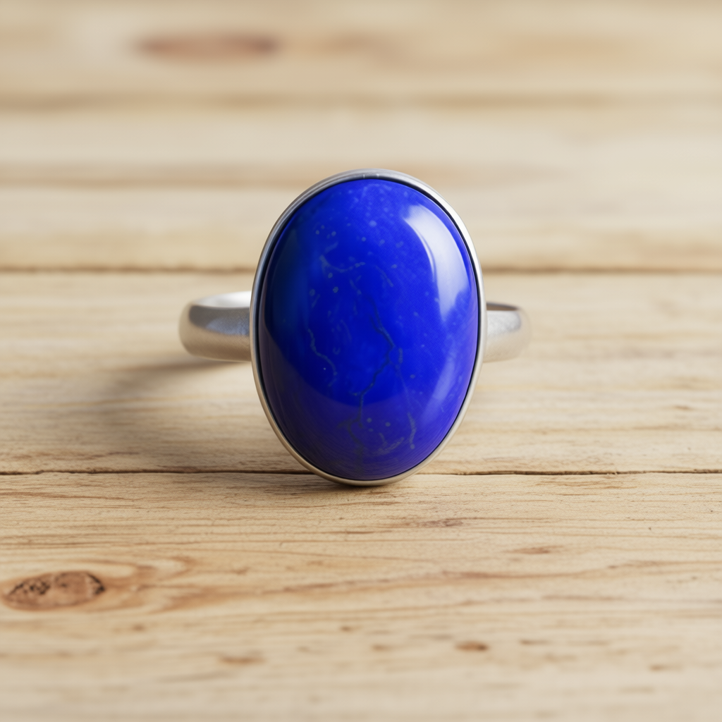 Detail macro Blue Portal ring highlighting oval lapis lazuli natural patterns and deep blue intensity