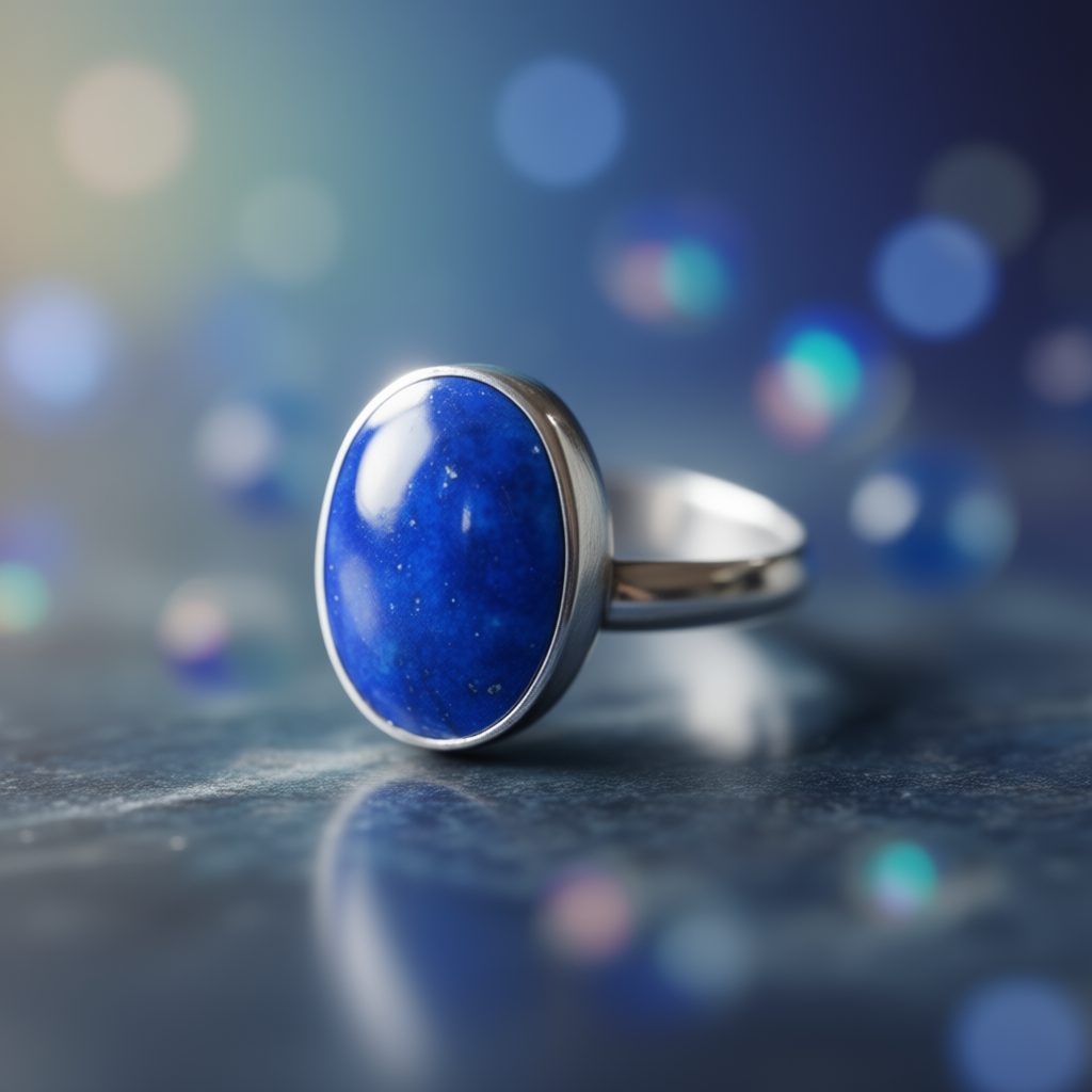 Close-up detail Blue Portal ring showing silver bezel setting craftsmanship and wisdom stone clarity