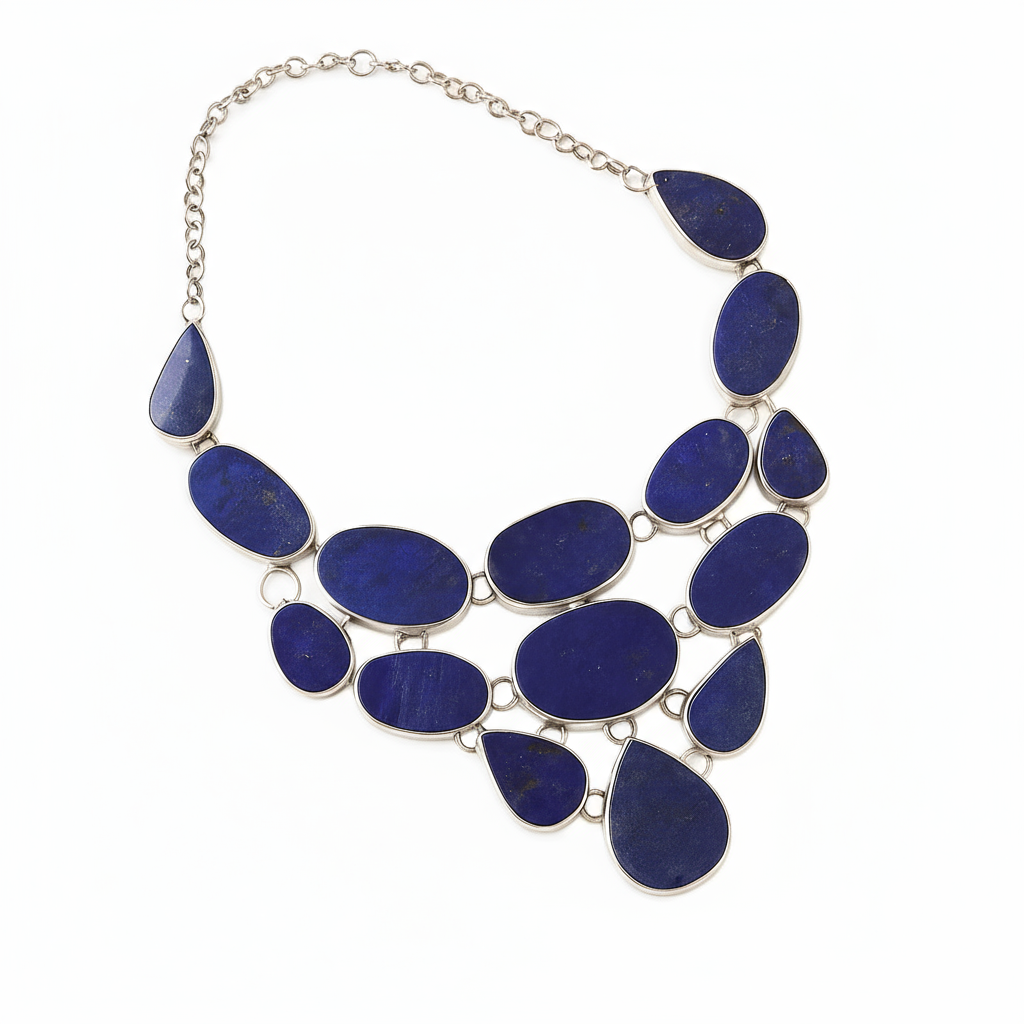 Deep Sky sterling silver and lapis lazuli necklace with large natural gemstones, front view