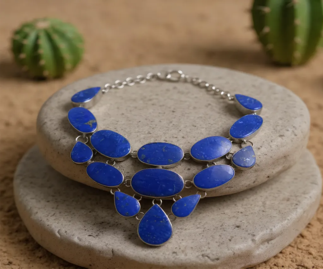 Close-up Deep Sky necklace displaying natural lapis lazuli texture and golden flecks