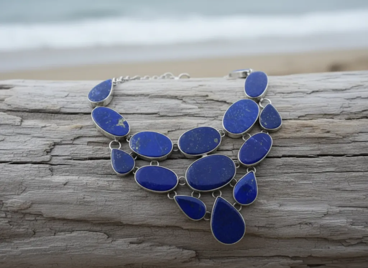 Deep Sky necklace at angle showing handcrafted 925 sterling silver setting and elegant design