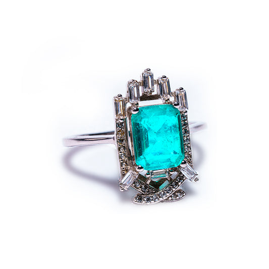 Emerald Portal green tourmaline ring in rhodium sterling silver, front view