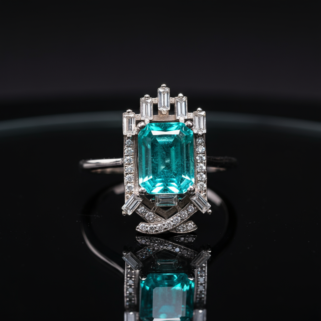 Close-up Emerald Portal ring displaying tourmaline brilliance and rhodium craftsmanship
