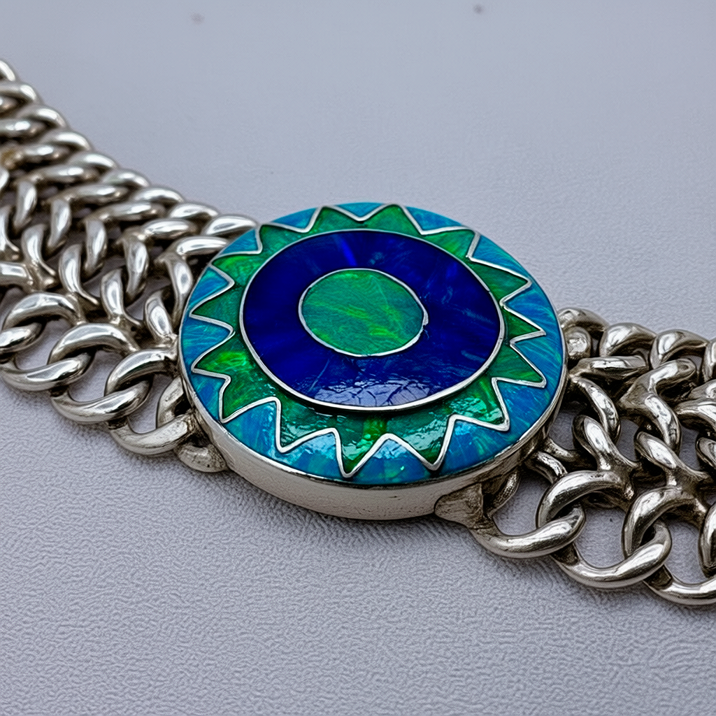 Detail macro Emerald Sun medallion highlighting natural opal iridescence and turquoise stone setting