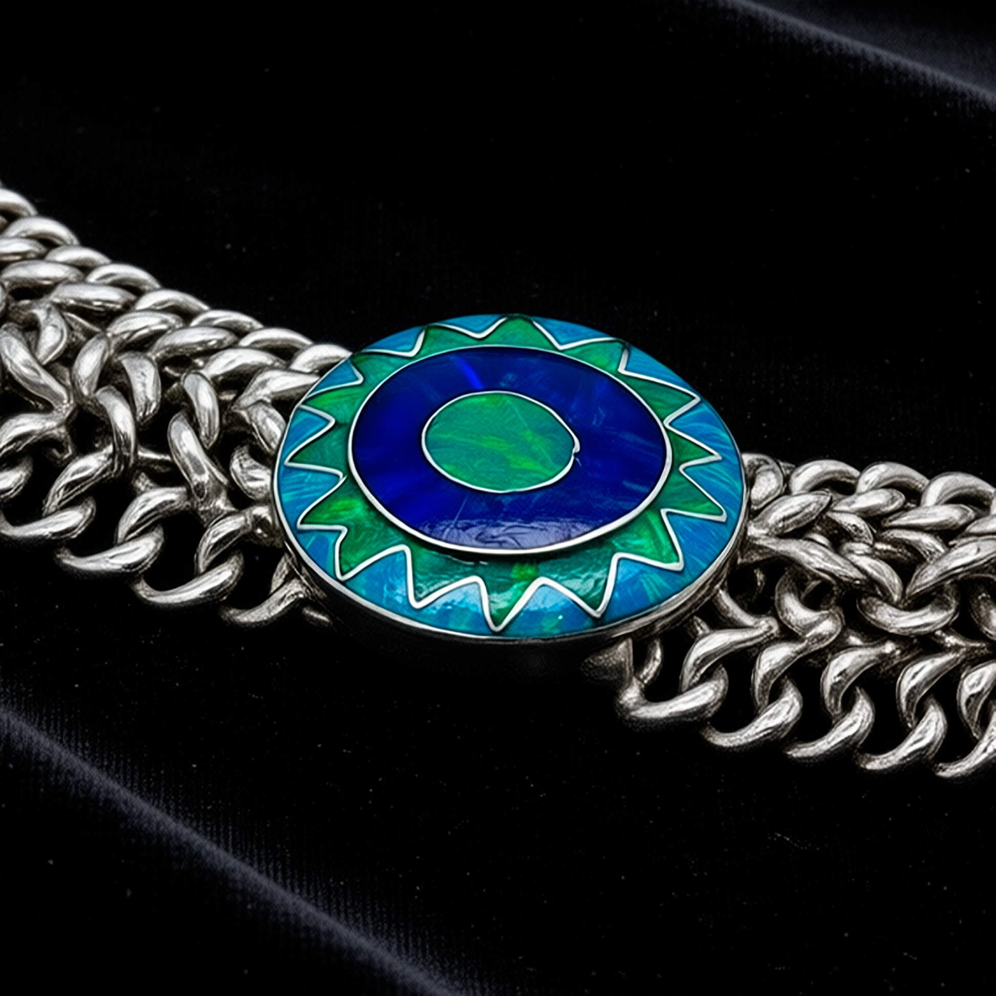 Close-up detail Emerald Sun showing hand-woven sterling silver links and artisanal craftsmanship