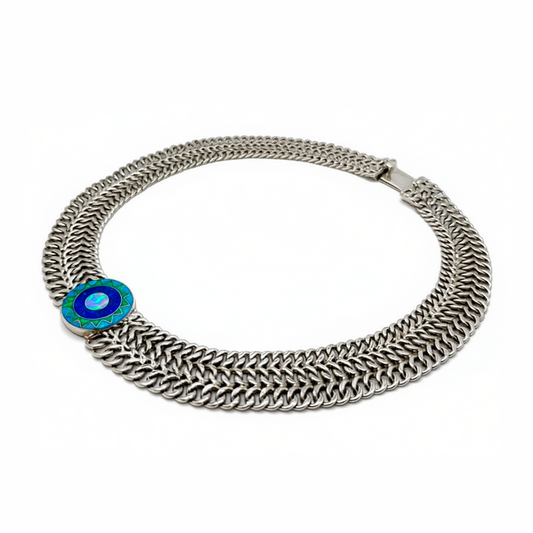 Emerald Sun sterling silver medallion necklace with opal and turquoise, front view