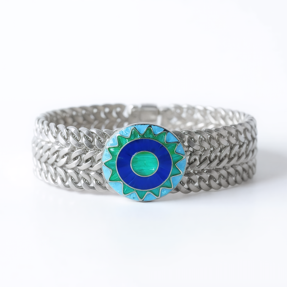 Emerald Sun sterling silver bracelet with opal and turquoise medallion, front view