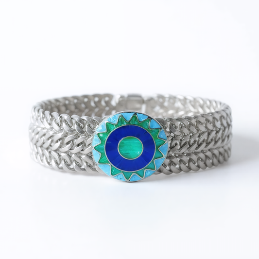 Emerald Sun sterling silver bracelet with opal and turquoise medallion, front view