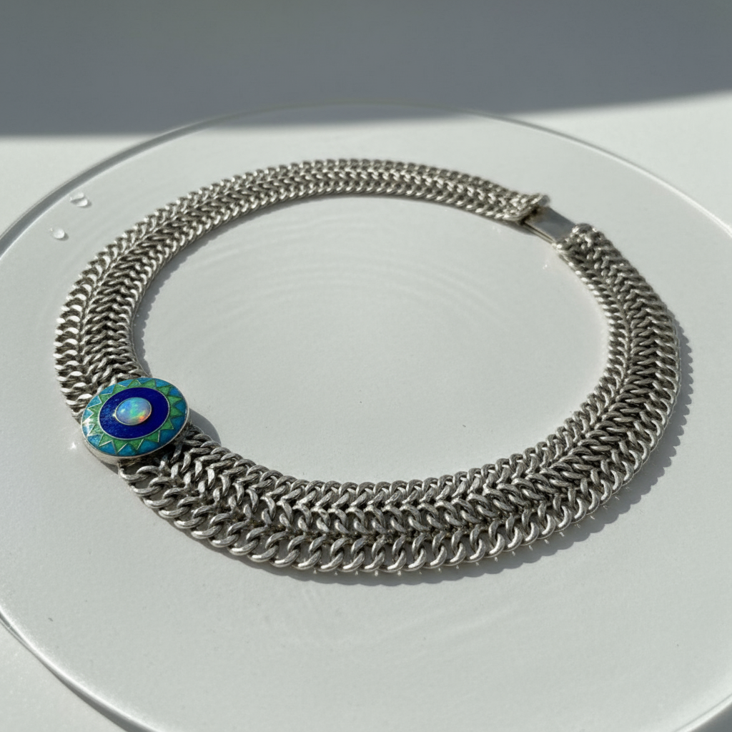 Side view Emerald Sun necklace highlighting hand-woven sterling silver chain texture