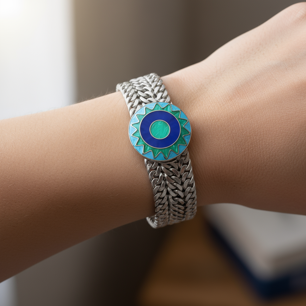 Side view Emerald Sun bracelet on wrist highlighting blue and green opal shimmer