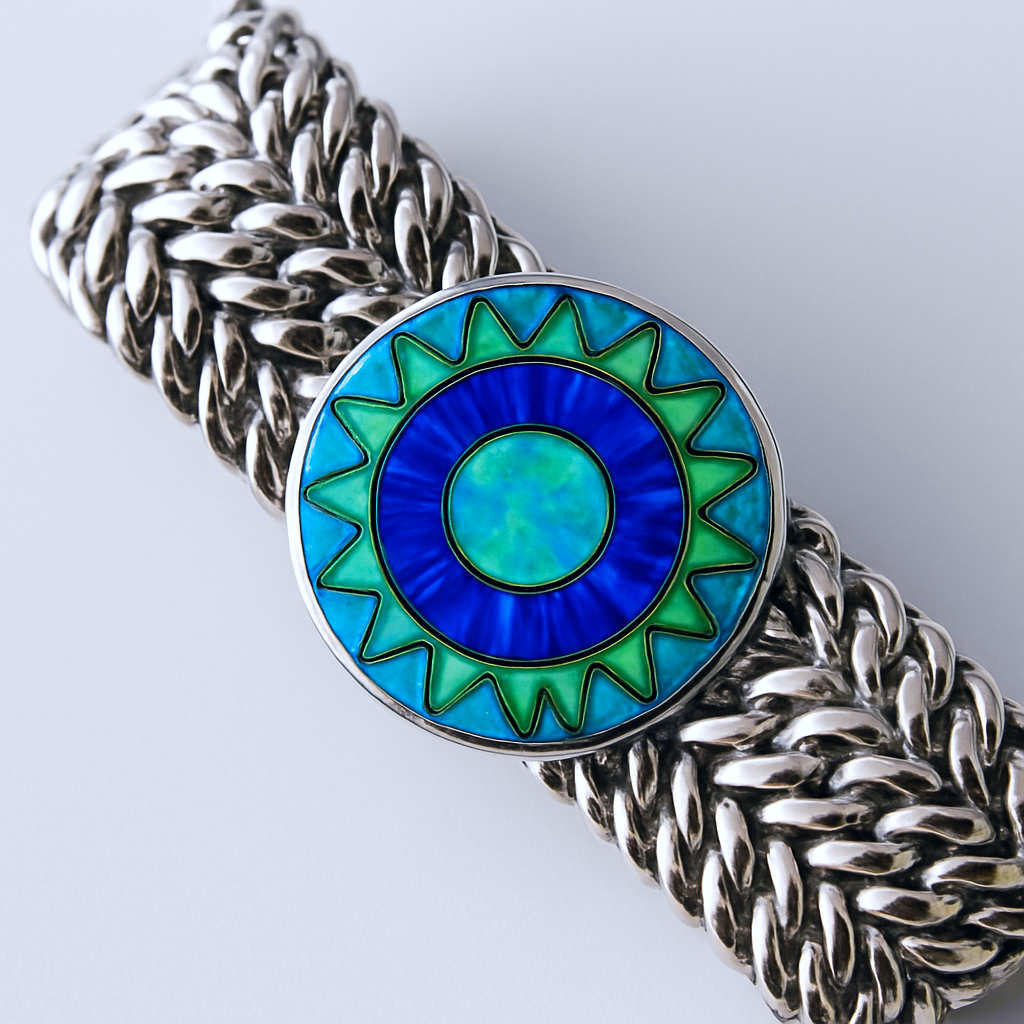 Close-up Emerald Sun bracelet displaying central medallion with turquoise tones and iridescence