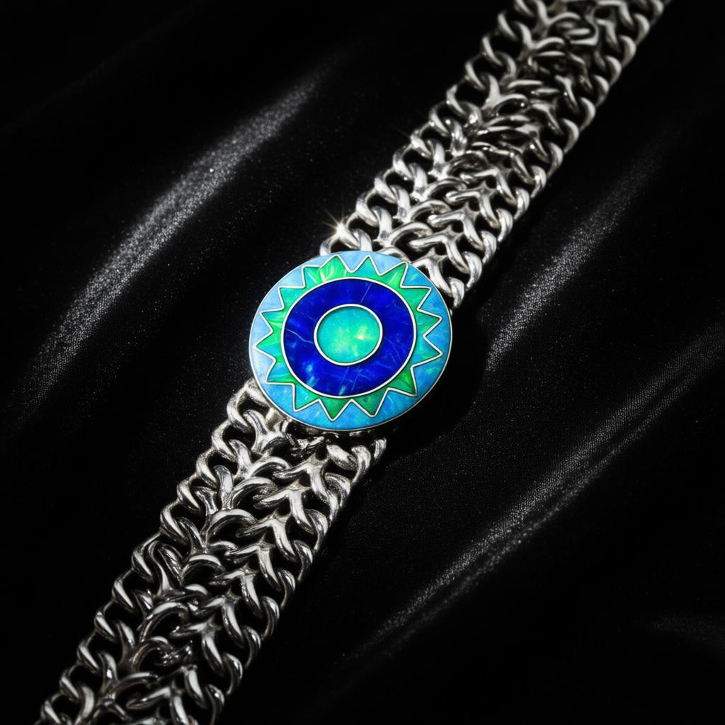 Emerald Sun necklace at angle showing hypnotic color shifts in opal stones