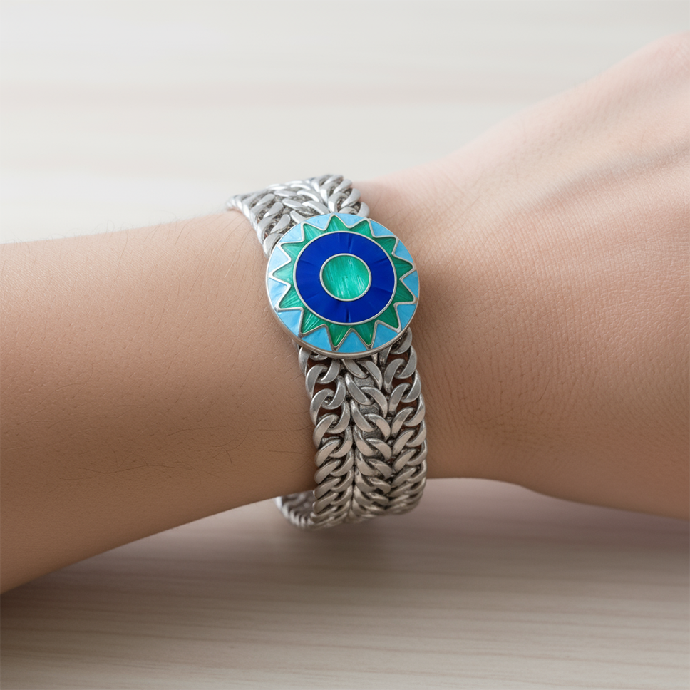 Emerald Sun bracelet at angle showing handcrafted 925 sterling silver craftsmanship