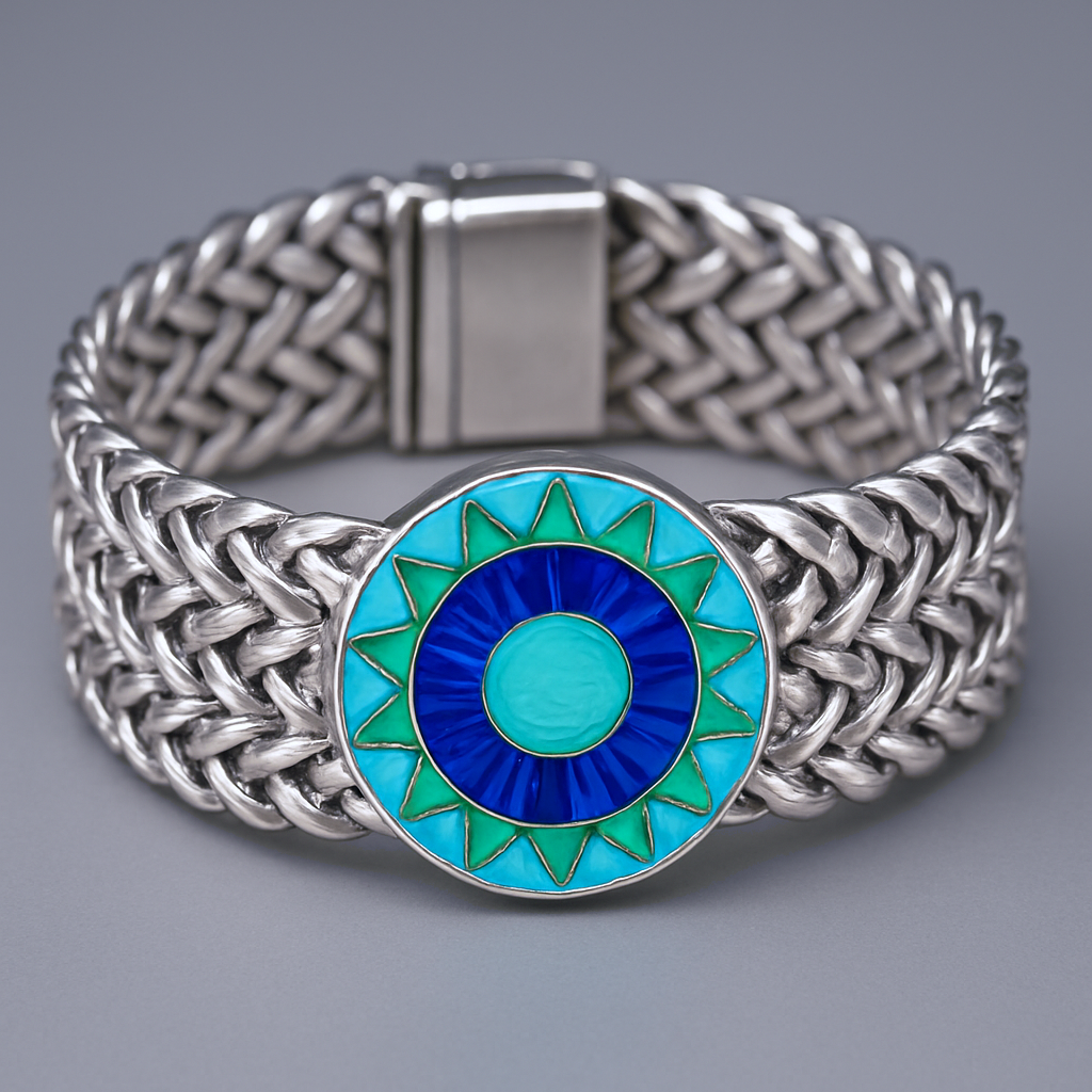 Detail macro Emerald Sun bracelet highlighting opal iridescence and turquoise tone medallion detail