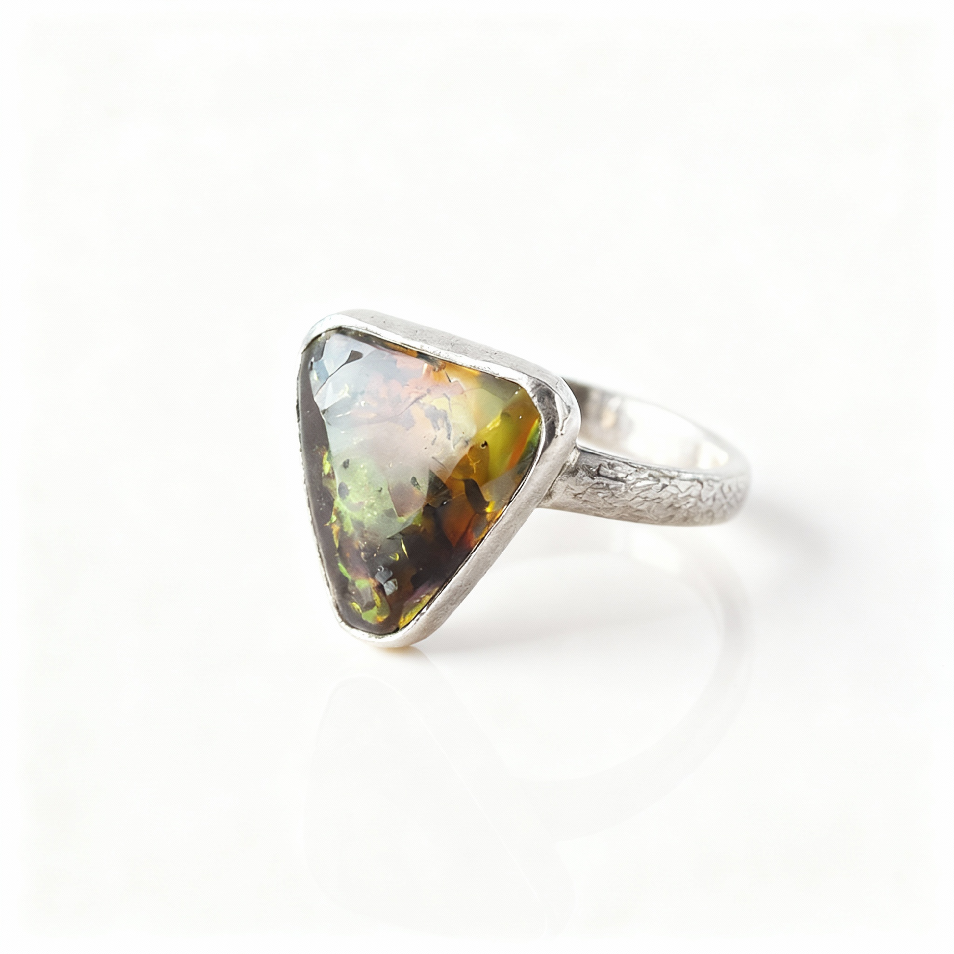 Eternal Rose silver ring with embossed three-dimensional rose design, front view