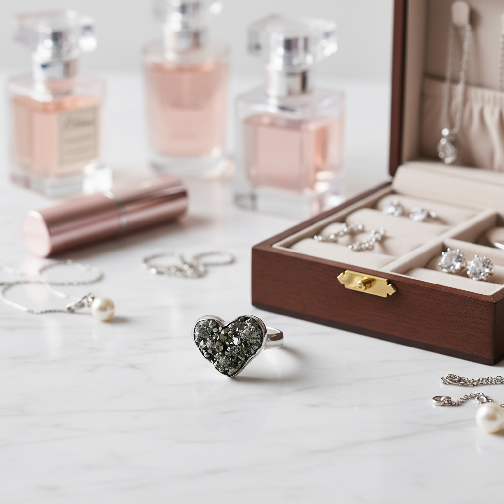 Side view Golden Heart ring highlighting adjustable design and handcrafted silver work