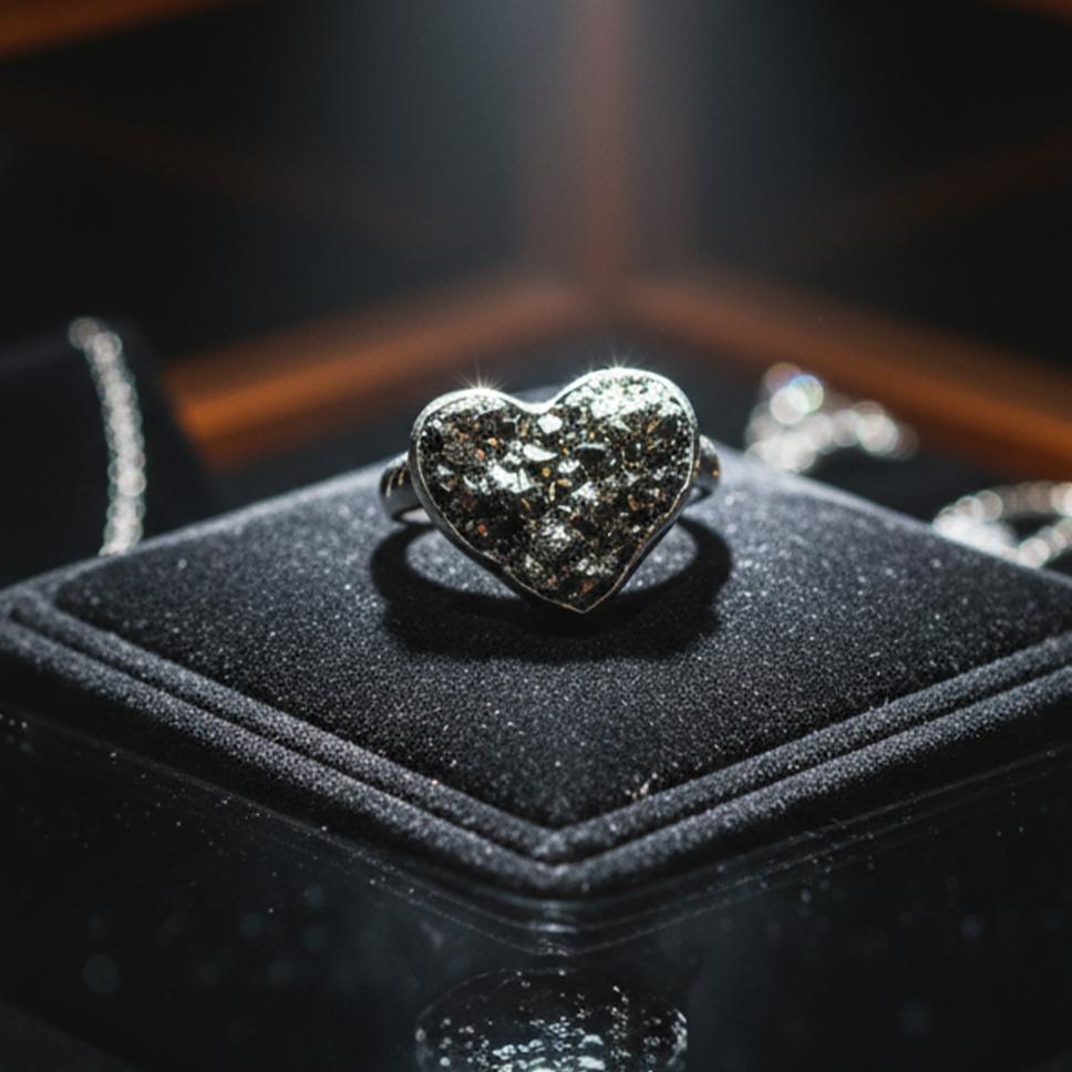 Close-up Golden Heart ring displaying pyrite earthly fire brilliance and natural texture