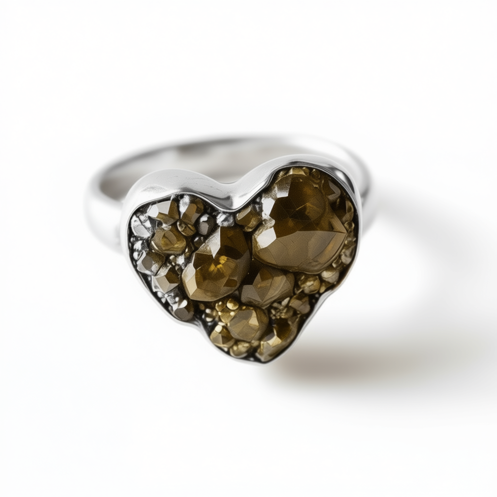 Detail macro Golden Heart ring highlighting raw pyrite heart texture and metallic vein brilliance