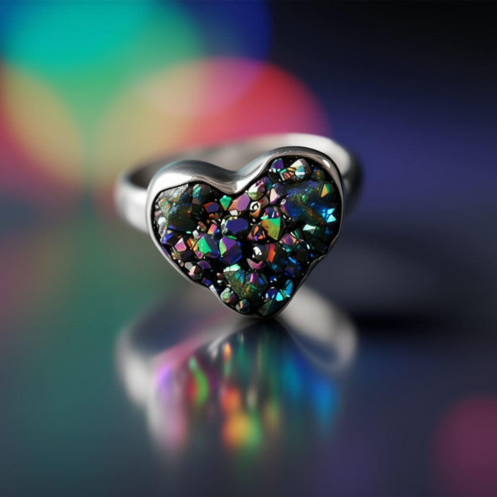 Close-up detail Golden Heart ring showing adjustable band mechanism and prosperity stone setting