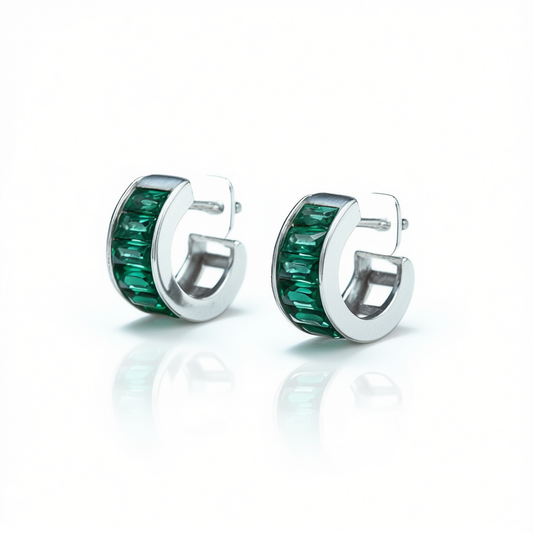Green Essence rhodium silver hoop earrings with rectangular green cubic zirconia, front view