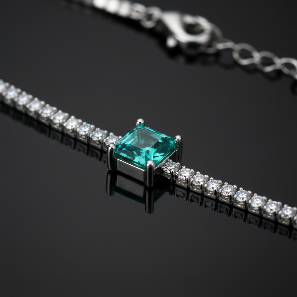Detail macro Green Essence bracelet highlighting square tourmaline cut and artisanal craftsmanship