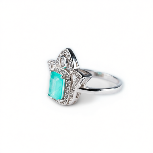 Hand of Light Fatima ring with green tourmaline in rhodium silver, front view