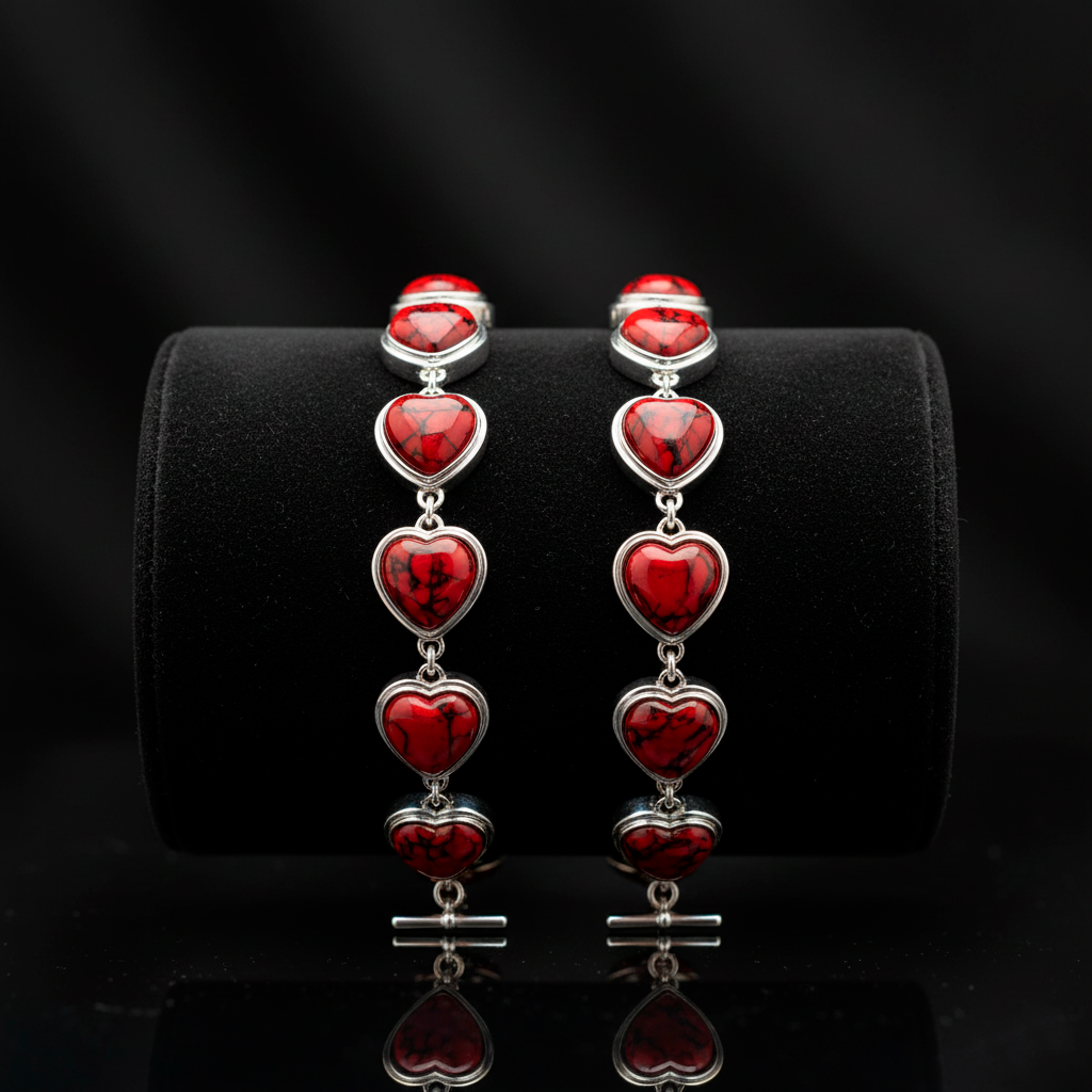 Side view Heart of Fire bracelet highlighting handcrafted silver setting and heart design