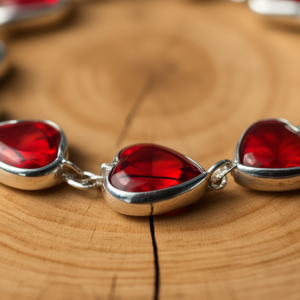 Detail macro Heart of Fire bracelet highlighting Red Spider Cat heart carving and intense vein patterns