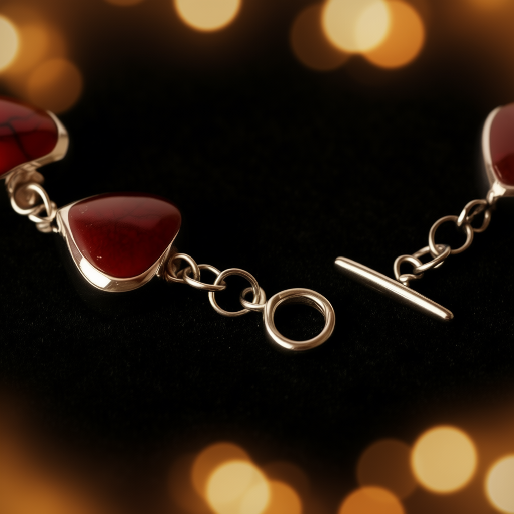 Close-up detail Heart of Fire bracelet showing silver setting precision and earth power stone texture