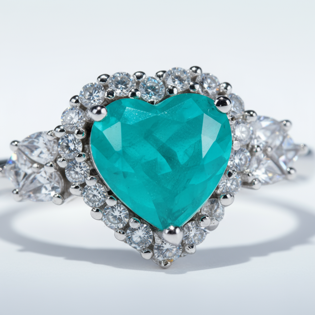 Detail macro Heart of Gaia ring highlighting heart-shaped tourmaline precision and zirconia halo brilliance