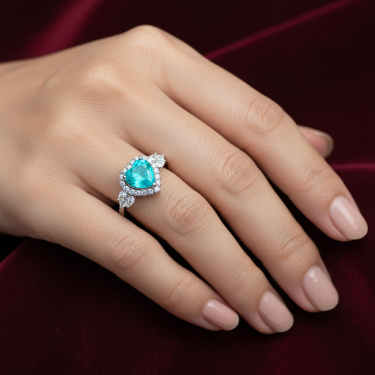 Detail of Heart of Gaia ring showing heart-shaped tourmaline and sparkling zirconia halo