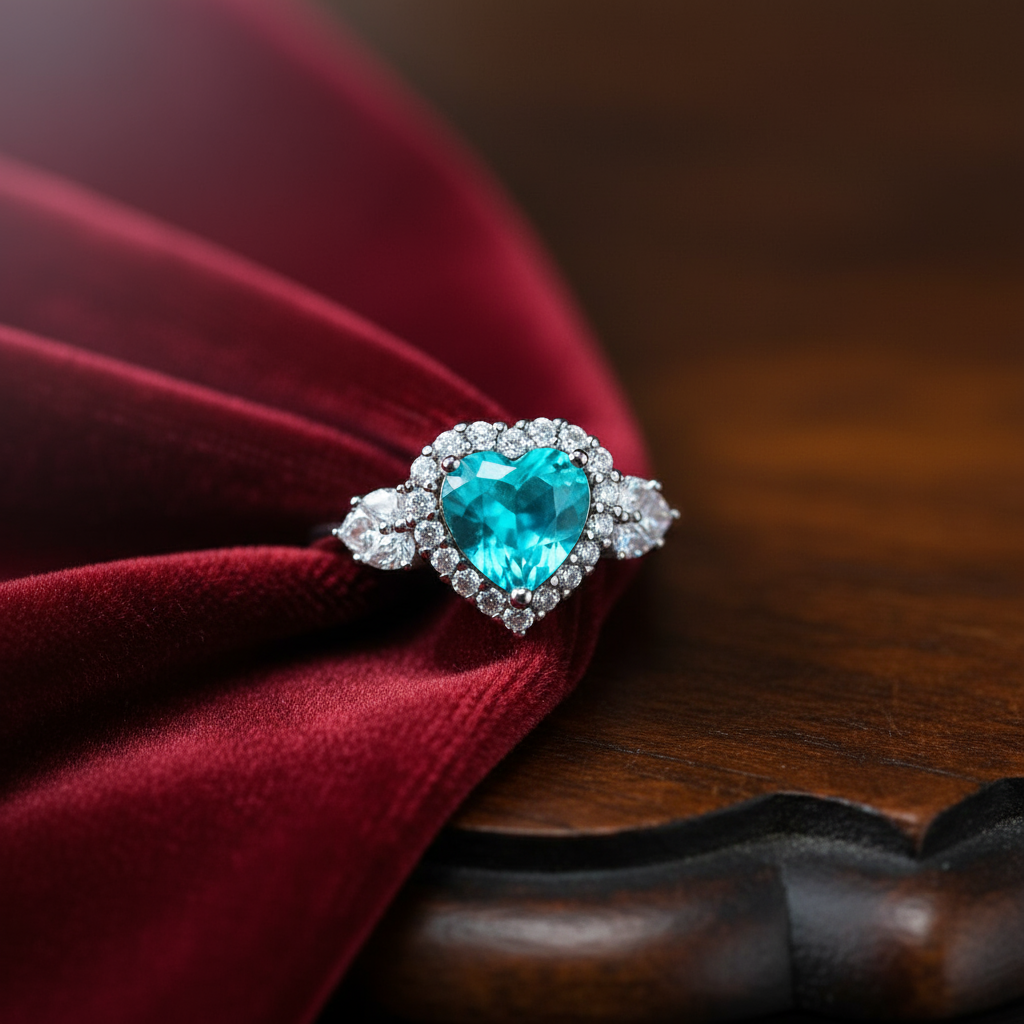 Close-up Heart of Gaia ring displaying tourmaline heart brilliance and craftsmanship