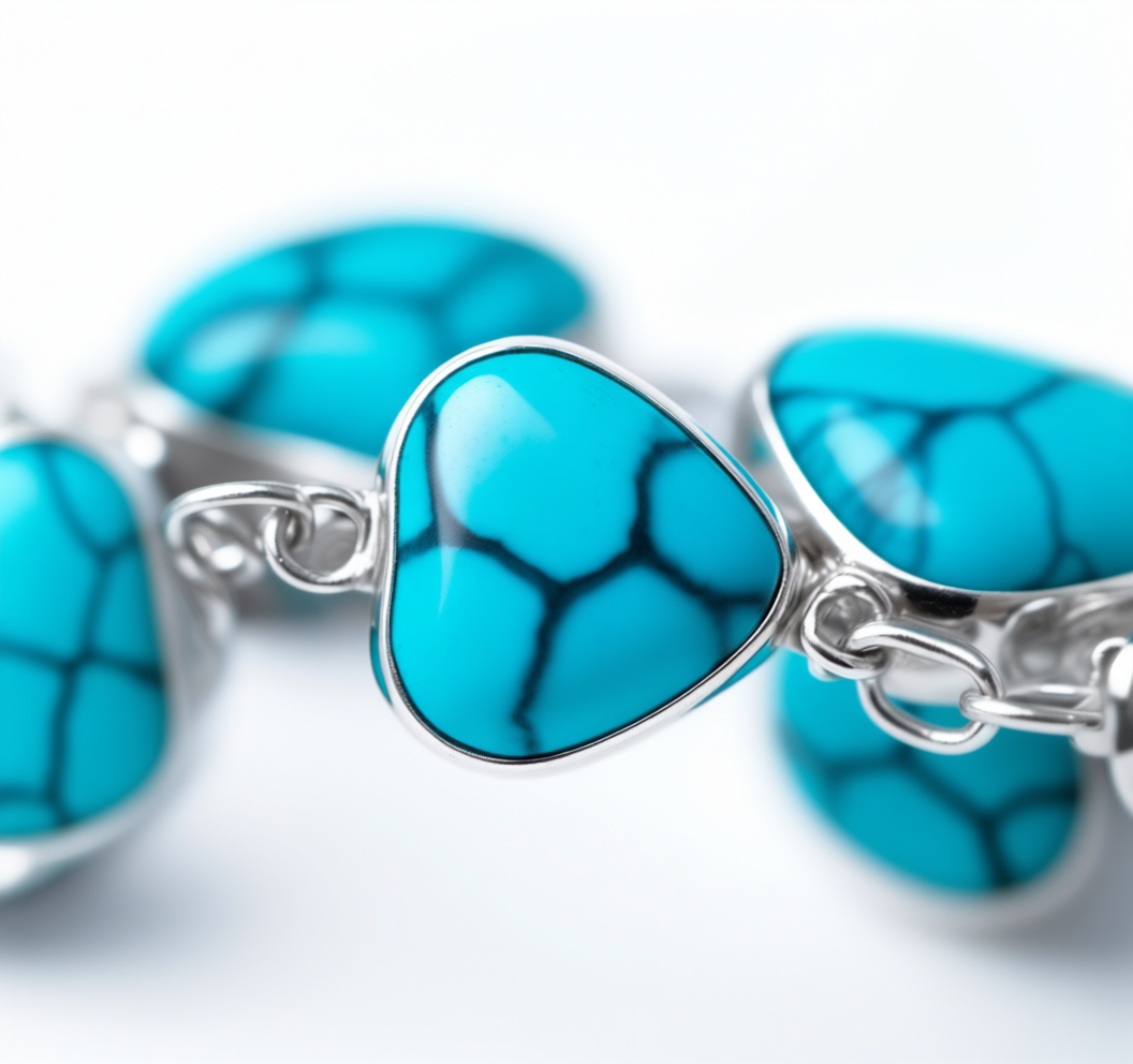 Detail macro Heart of Heaven bracelet highlighting Spider Turquoise heart carving and serene blue patterns