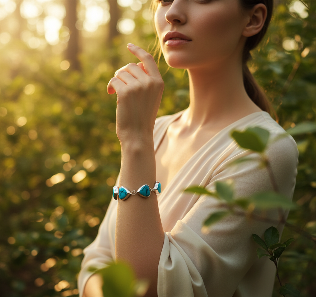 Detail of Heart of Heaven bracelet showing carved turquoise hearts and natural veining