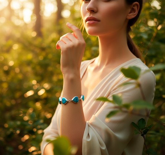Detail of Heart of Heaven bracelet showing carved turquoise hearts and natural veining