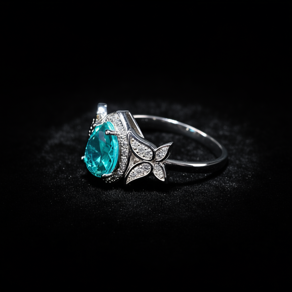 Side view Lotus Tear ring highlighting drop-cut tourmaline and artisanal silver work