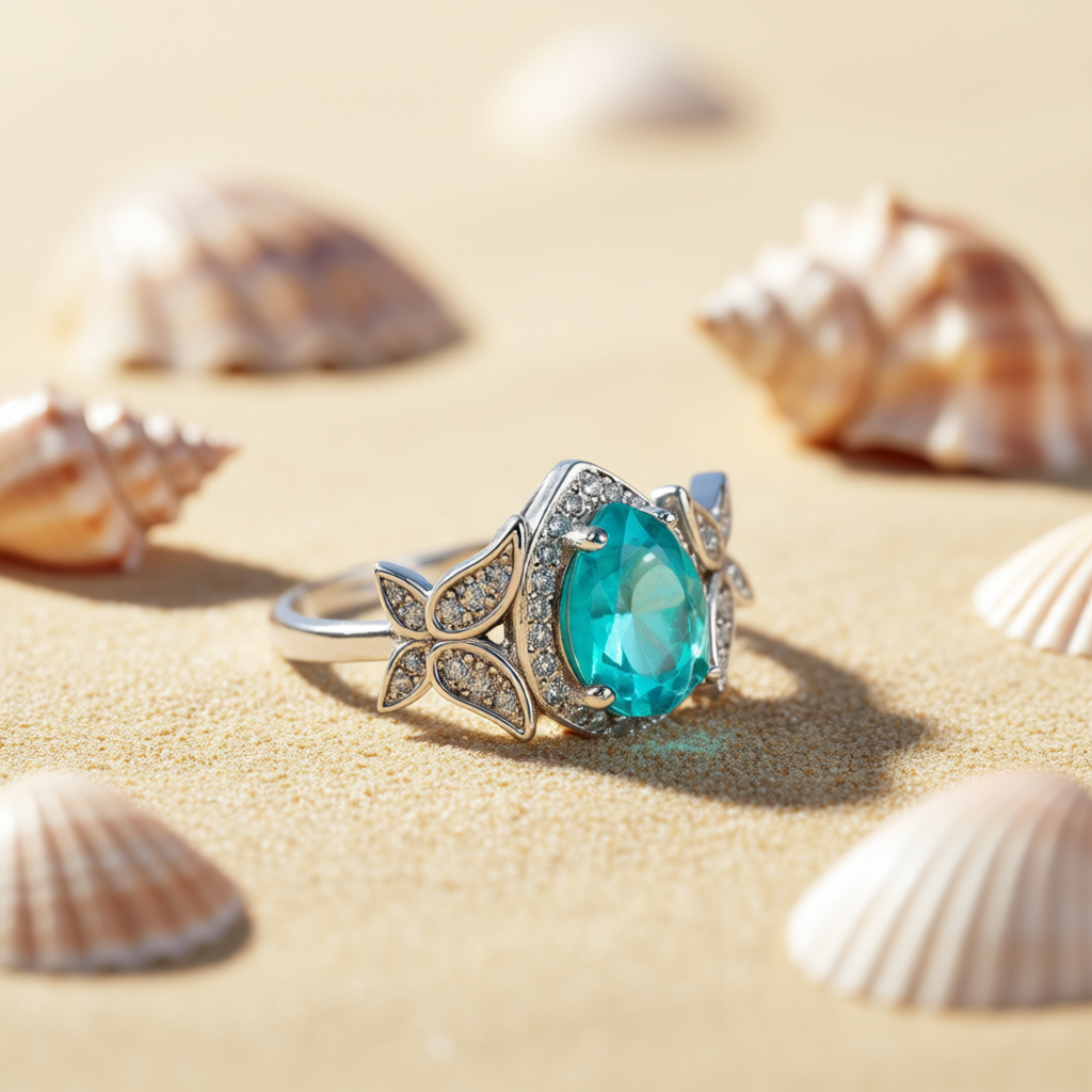 Close-up Lotus Tear ring displaying rhodium plating quality and tourmaline brilliance