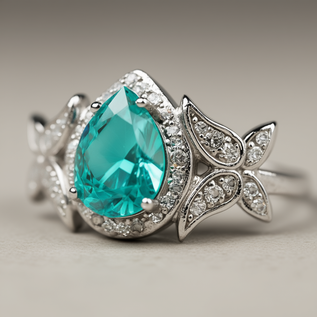 Detail macro Lotus Tear ring highlighting lotus petal motifs and tourmaline drop brilliance