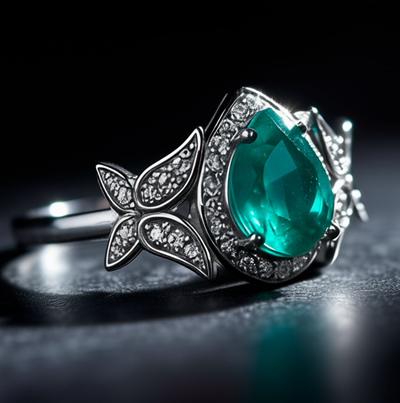 Close-up detail Lotus Tear ring showing artisanal rhodium silver work and spiritual craftsmanship