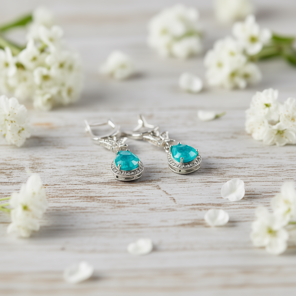 Side view Metamorphosis earrings highlighting drop-cut tourmaline and zircon setting