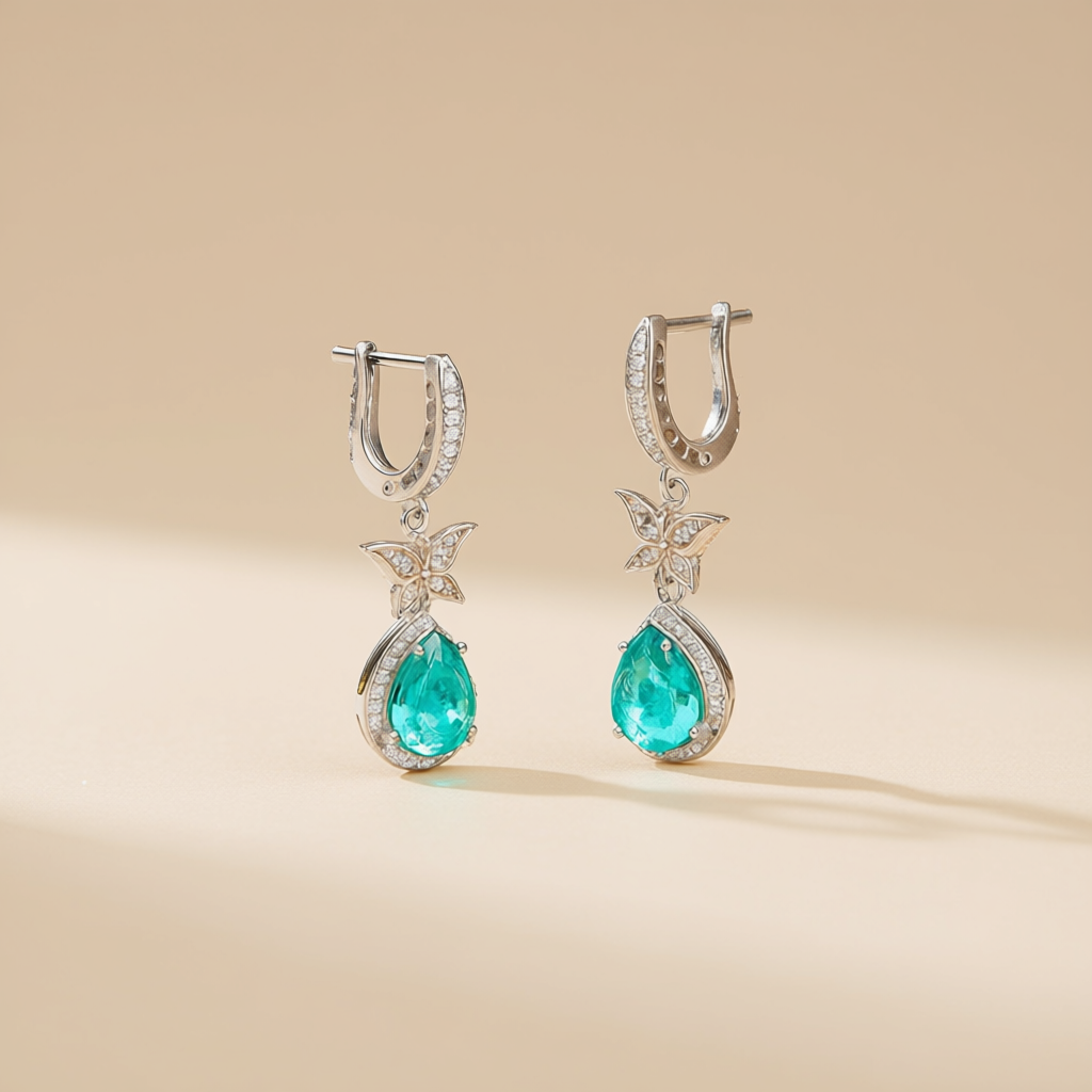 Close-up Metamorphosis earrings showing rhodium plating quality and stone brilliance