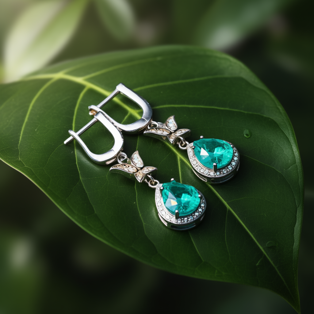 Metamorphosis earrings at angle displaying butterfly symbol and tourmaline sparkle