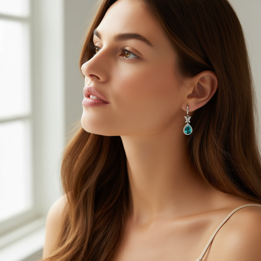 Back view Metamorphosis earrings showing earring post and secure closure system